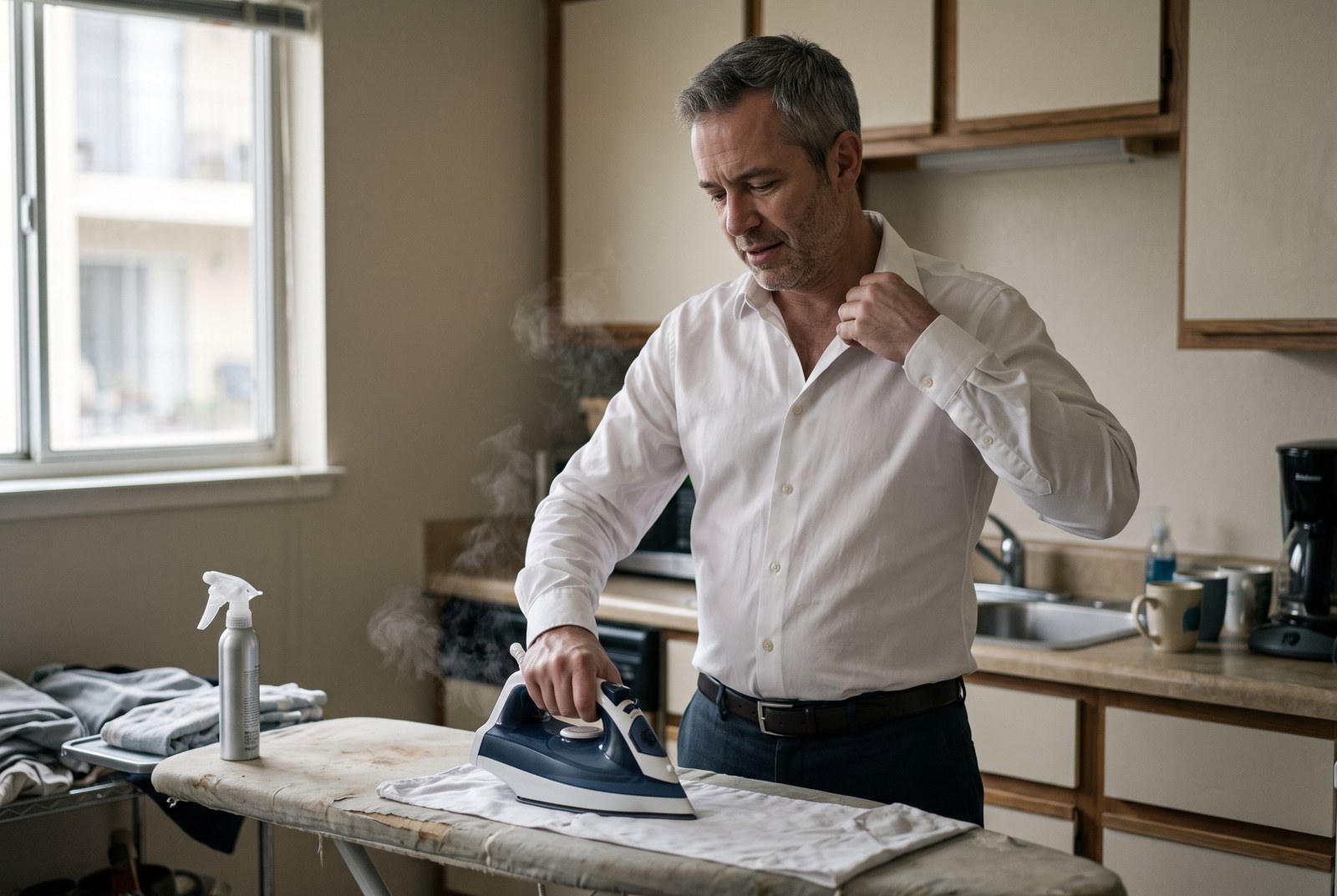 A man irons the front of his dress shirt while wearing it, standing at an ironing board in a kitchen.